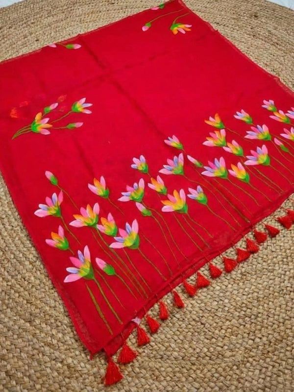 Indiehaat | Pure Mul Cotton Hand Printed Saree Red