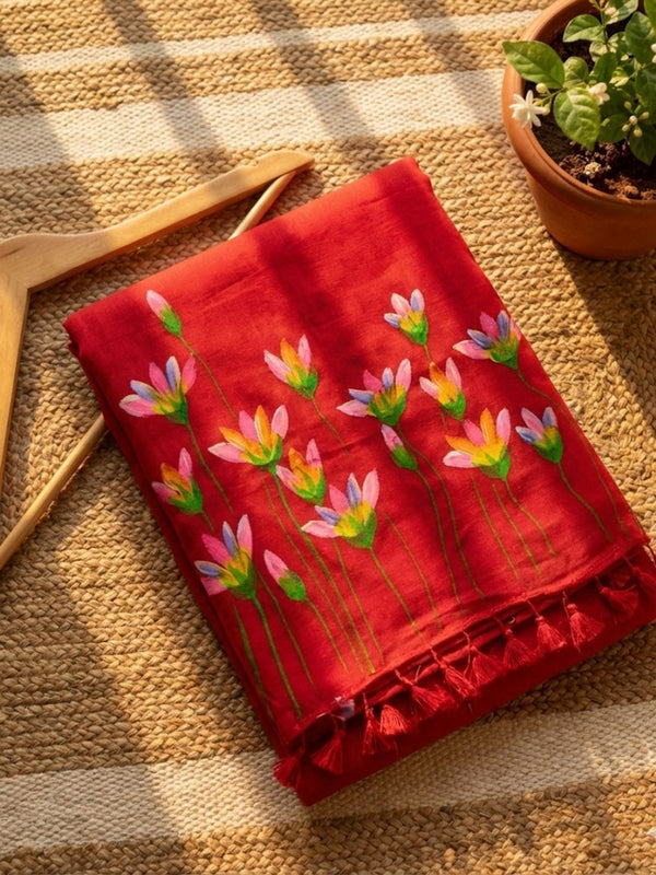 Indiehaat | Pure Mul Cotton Hand Printed Saree Red