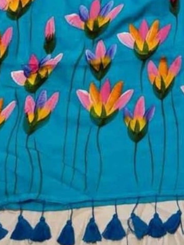 Indiehaat | Pure Mul Cotton Hand Printed Saree Blue