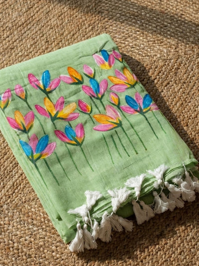 Indiehaat | Pure Mul Cotton Hand Printed Saree Green