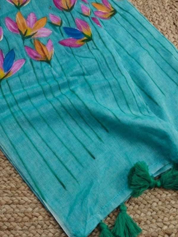 Indiehaat | Pure Mul Cotton Hand Printed Saree Blue
