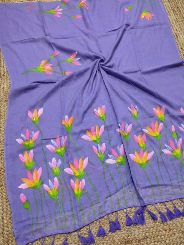 Indiehaat | Pure Mul Cotton Hand Printed Saree Purple