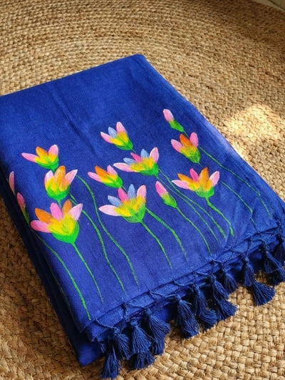 Indiehaat | Pure Mul Cotton Hand Printed Saree Blue