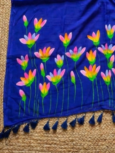 Indiehaat | Pure Mul Cotton Hand Printed Saree Blue