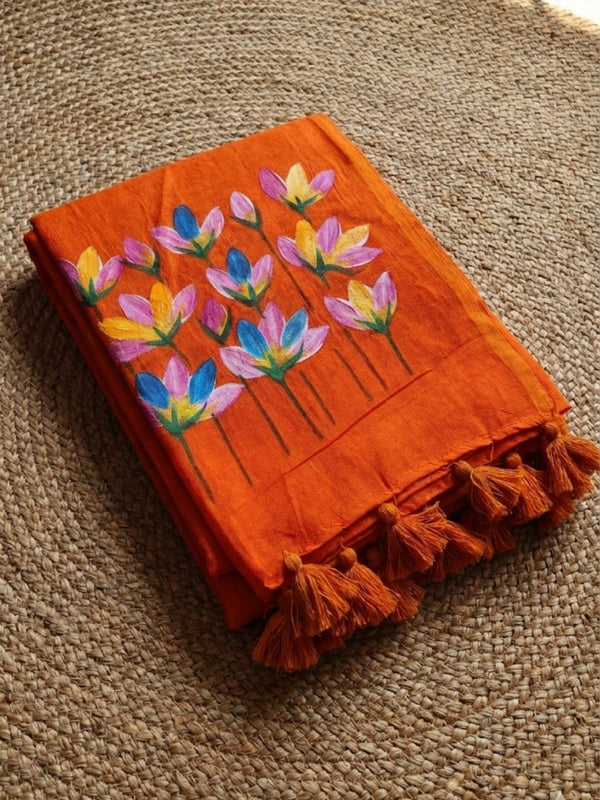Indiehaat | Pure Mul Cotton Hand Printed Saree Orange