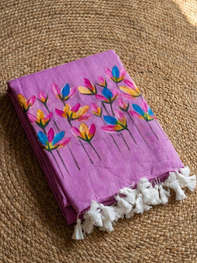 Hawa Hawai Hand Printed Pure Mul Cotton Saree Light Purple
