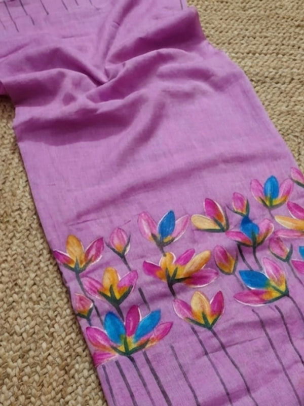 Indiehaat | Pure Mul Cotton Hand Printed Saree Purple