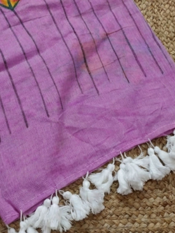 Indiehaat | Pure Mul Cotton Hand Printed Saree Purple