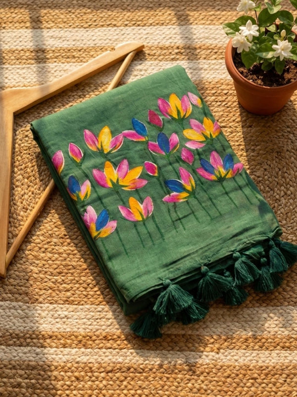 Indiehaat | Pure Mul Cotton Hand Printed Saree Green