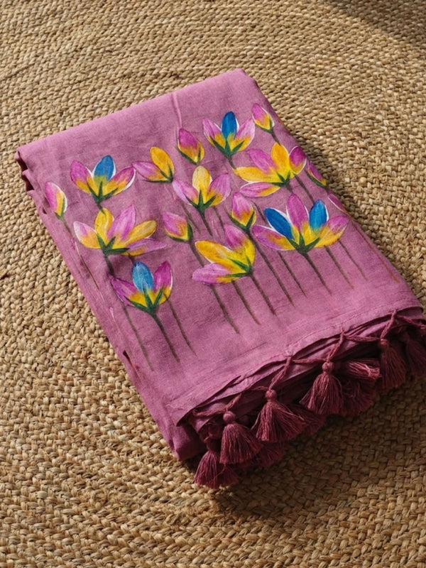 Indiehaat | Pure Mul Cotton Hand Printed Saree Purple