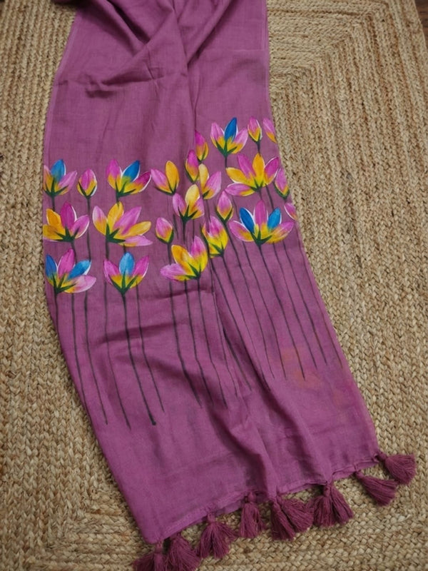 Indiehaat | Pure Mul Cotton Hand Printed Saree Purple