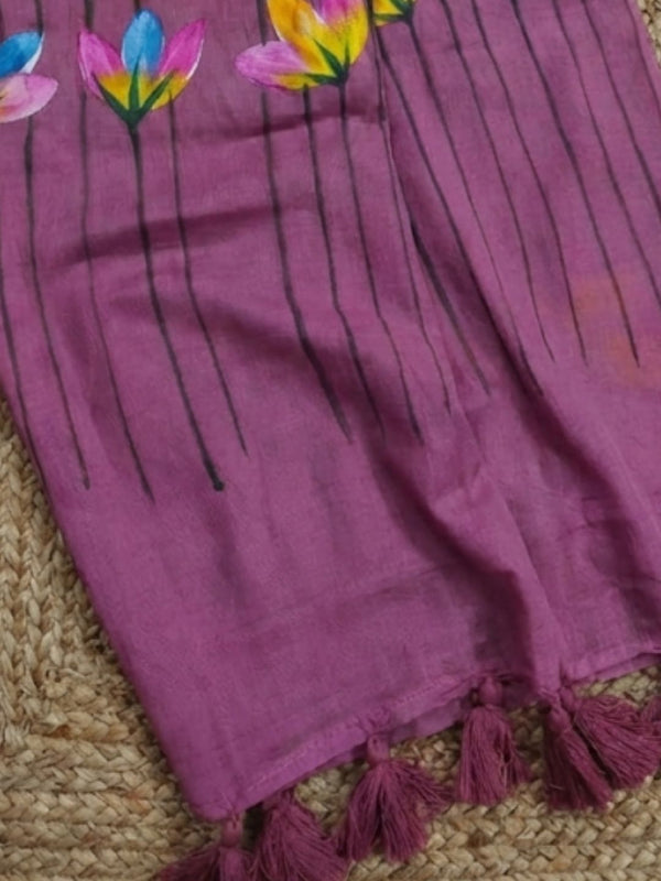 Indiehaat | Pure Mul Cotton Hand Printed Saree Purple