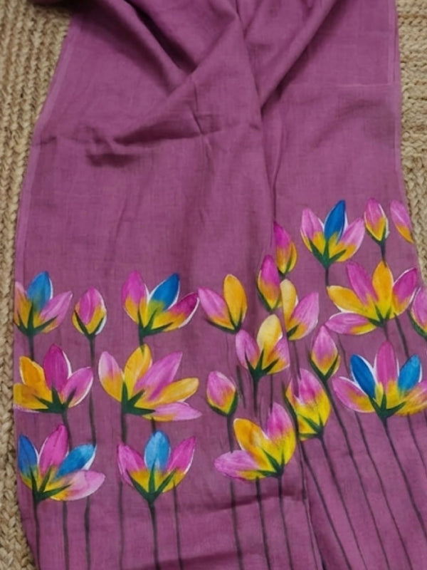 Indiehaat | Pure Mul Cotton Hand Printed Saree Purple