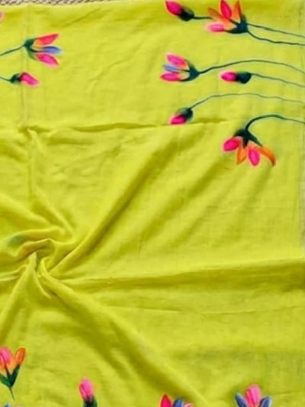 Indiehaat | Pure Mul Cotton Hand Printed Saree Green