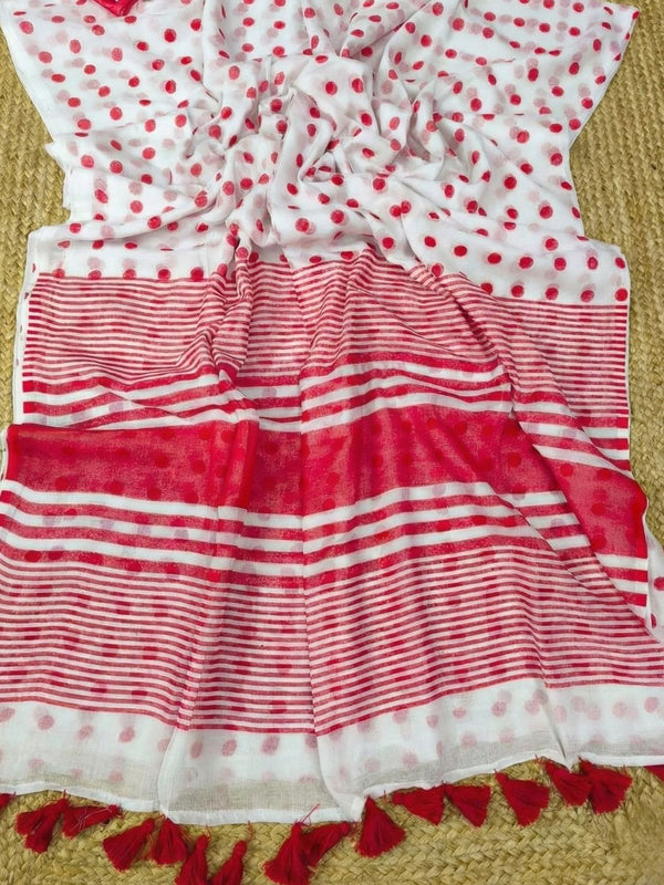 Indiehaat | Pure Mul Cotton Handloom Saree White & Red