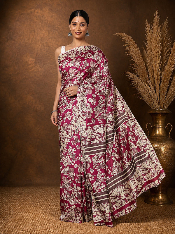 Magenta and off-white floral printed Kashmiri Silk saree with dark brown striped border bands and a striped pallu.