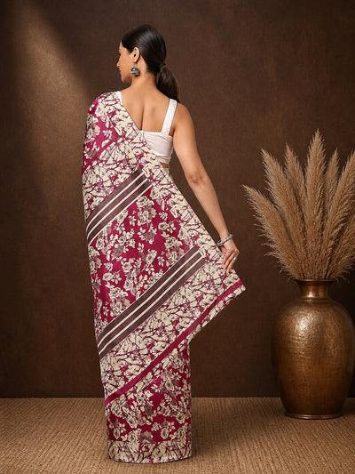 Indiehaat | Kashmiri Silk Printed Saree Magenta & Off-White