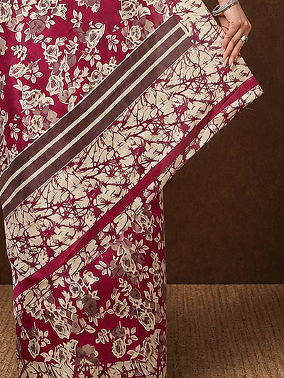 Indiehaat | Kashmiri Silk Printed Saree Magenta & Off-White