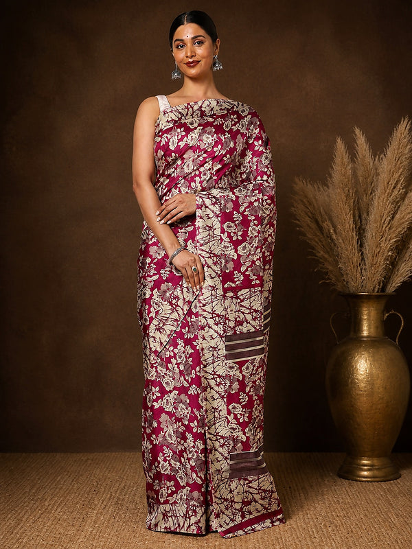 Indiehaat | Kashmiri Silk Printed Saree Magenta & Off-White