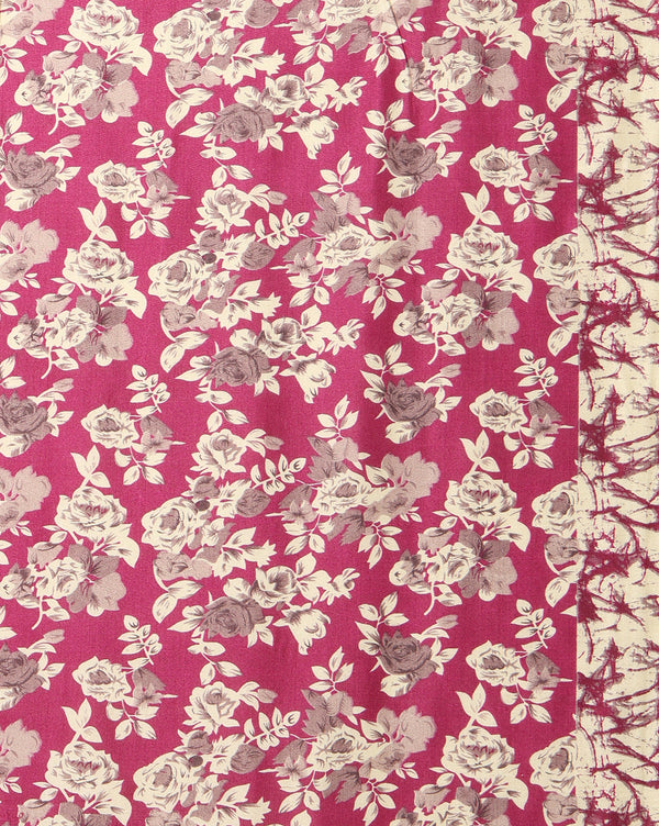 Indiehaat | Kashmiri Silk Printed Saree Magenta & Off-White