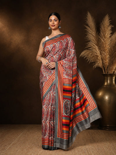Red Paisley Kashmiri Silk Saree, Striped Border | Taal