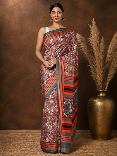 Indiehaat | Kashmiri Silk Printed Saree Red & White