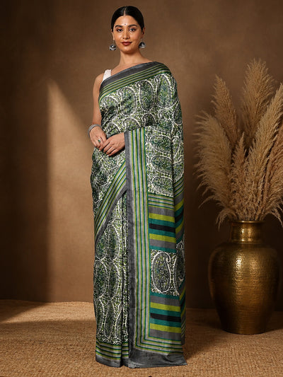 Green & White Paisley Kashmiri Silk Saree | Taal