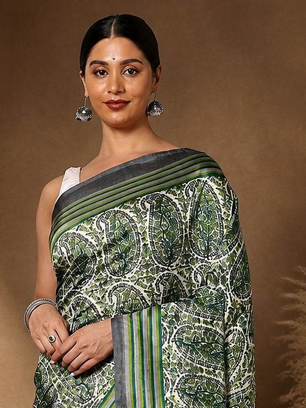 Indiehaat | Kashmiri Silk Printed Saree White & Green