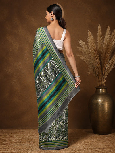 Indiehaat | Kashmiri Silk Printed Saree White & Green
