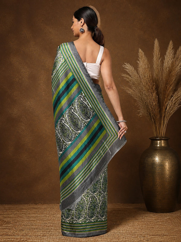 Indiehaat | Kashmiri Silk Printed Saree White & Green