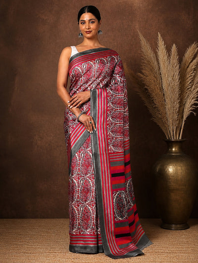 Red Paisley Kashmiri Silk Saree, Striped Pallu | Taal