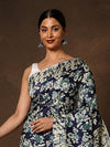 Indiehaat | Kashmiri Silk Printed Saree Navy Blue & Off-W
