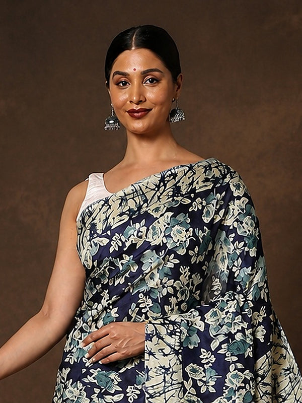 Indiehaat | Kashmiri Silk Printed Saree Navy Blue & Off-W