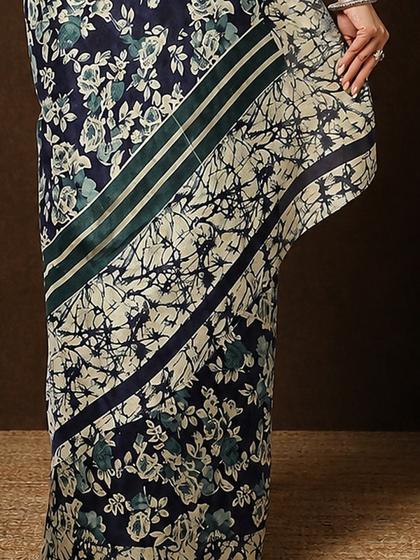 Indiehaat | Kashmiri Silk Printed Saree Navy Blue & Off-W