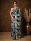 Indiehaat | Kashmiri Silk Printed Saree Navy Blue & Off-W