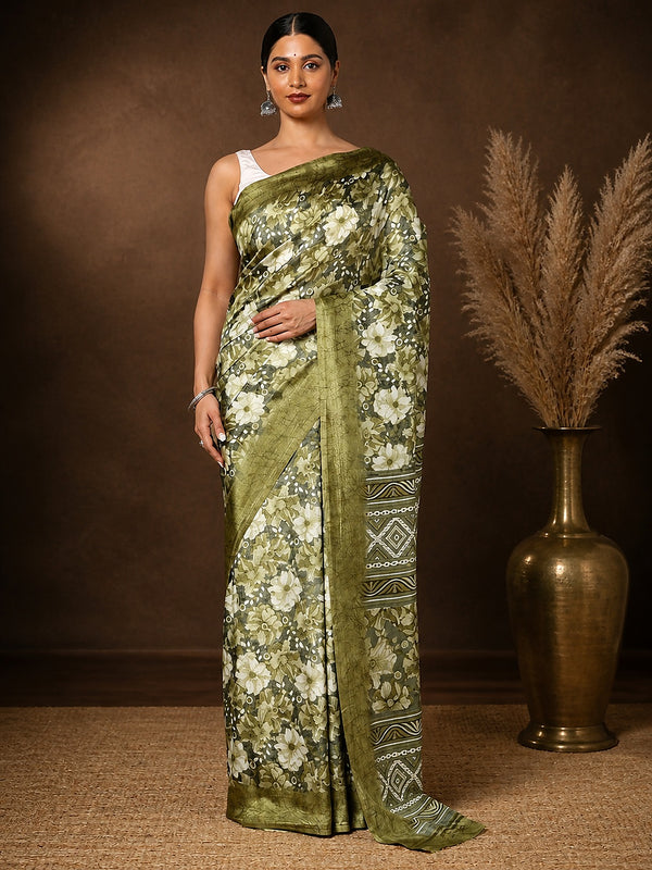 Indiehaat | Kashmiri Silk Printed Saree Olive Green & Dar