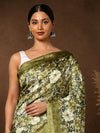 Indiehaat | Kashmiri Silk Printed Saree Olive Green & Dar