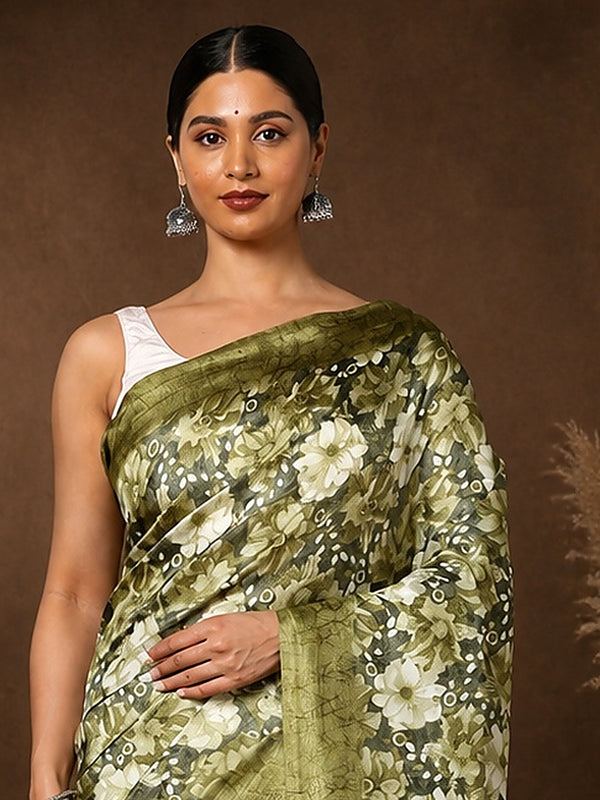 Indiehaat | Kashmiri Silk Printed Saree Olive Green & Dar