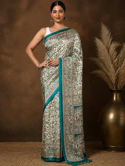 Off White & Teal Kalamkari Printed Kashmiri Silk Saree | Manzar
