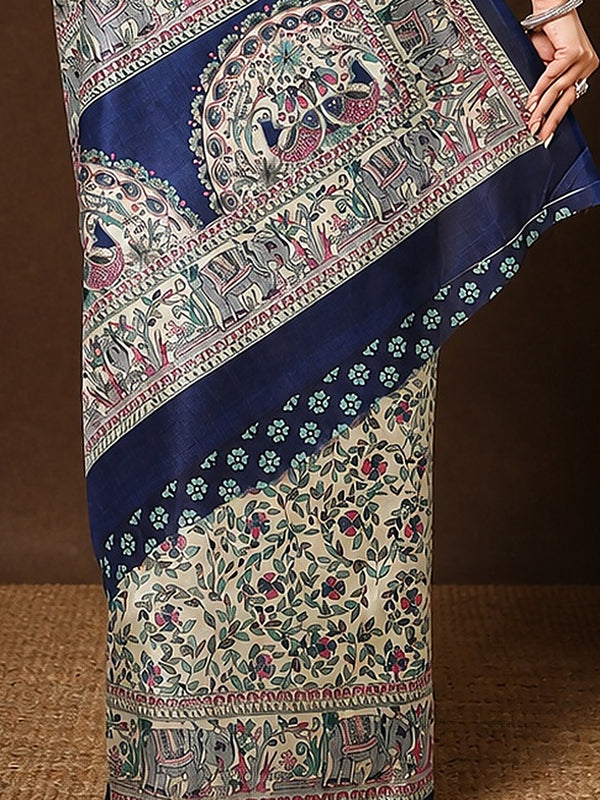 Indiehaat | Kashmiri Silk Printed Saree Cream & Navy Blue