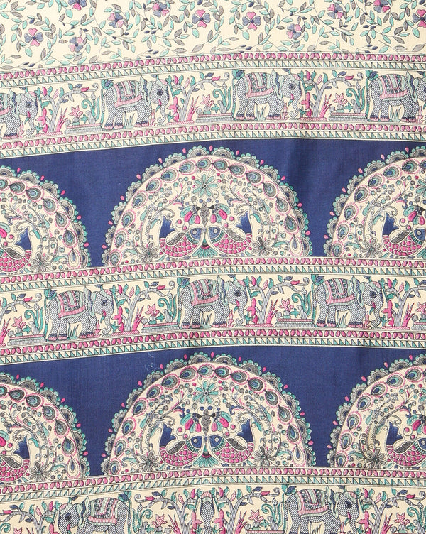 Indiehaat | Kashmiri Silk Printed Saree Cream & Navy Blue