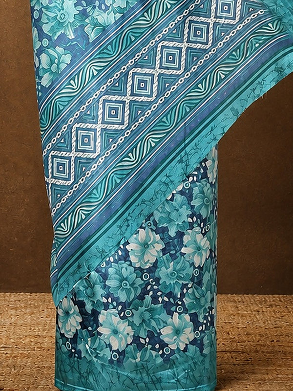 Indiehaat | Kashmiri Silk Printed Saree Teal & Turquoise