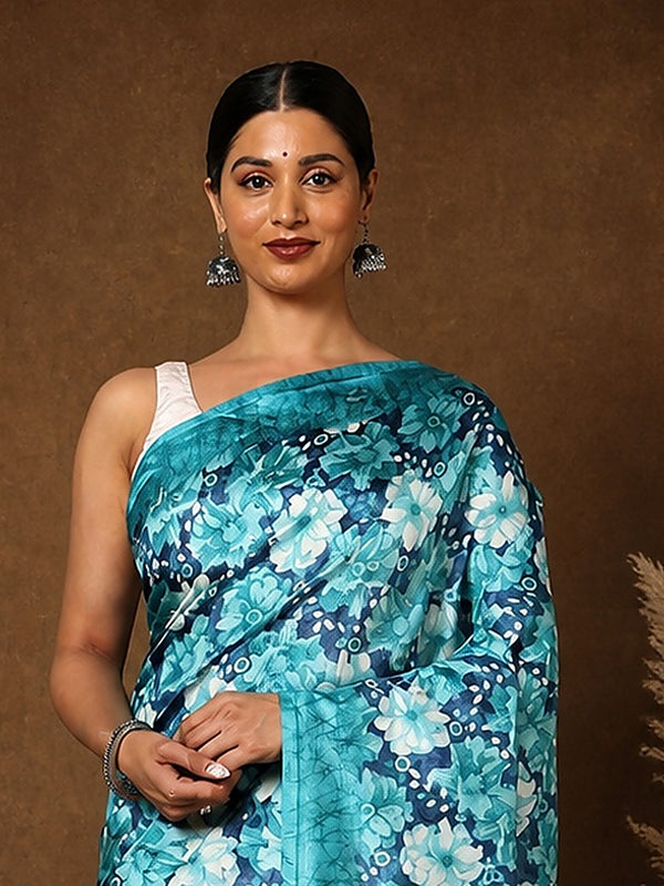Indiehaat | Kashmiri Silk Printed Saree Teal & Turquoise