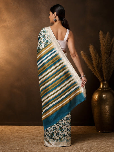 Indiehaat | Kashmiri Silk Printed Saree Off-White & Teal