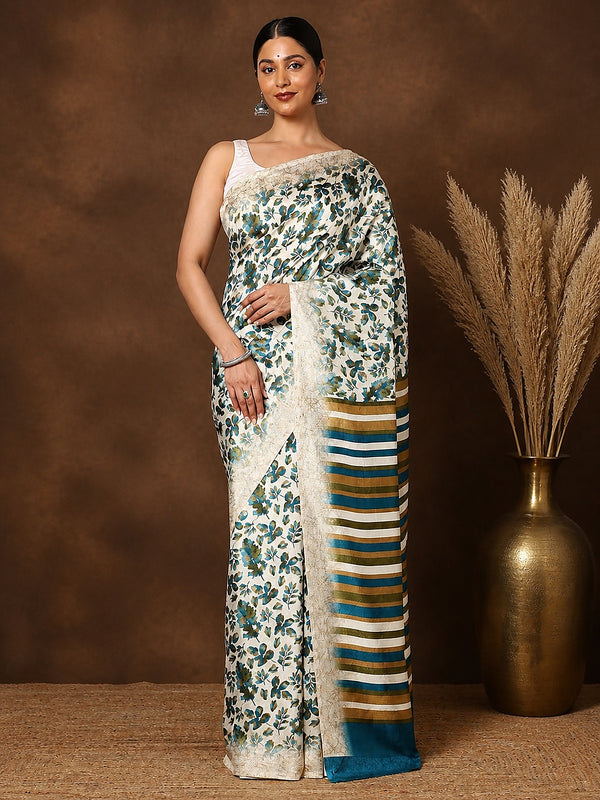 Indiehaat | Kashmiri Silk Printed Saree Off-White & Teal