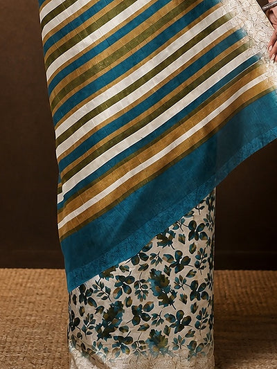 Indiehaat | Kashmiri Silk Printed Saree Off-White & Teal