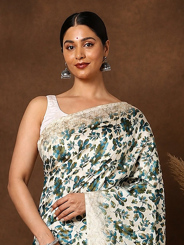 Indiehaat | Kashmiri Silk Printed Saree Off-White & Teal