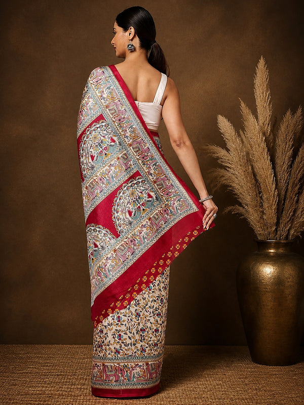 Indiehaat | Kashmiri Silk Printed Saree Off-White & Deep Red