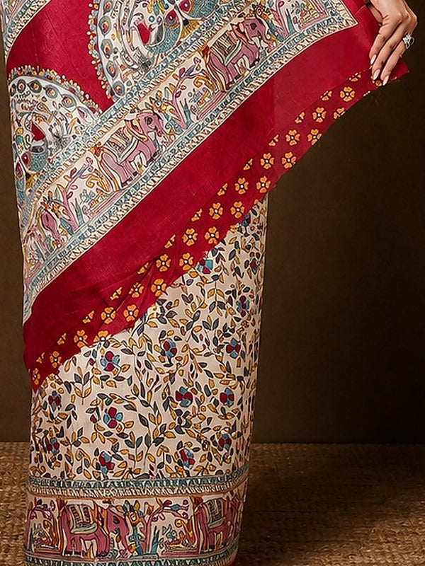 Indiehaat | Kashmiri Silk Printed Saree Off-White & Deep Red
