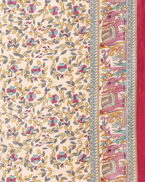 Indiehaat | Kashmiri Silk Printed Saree Off-White & Deep Red